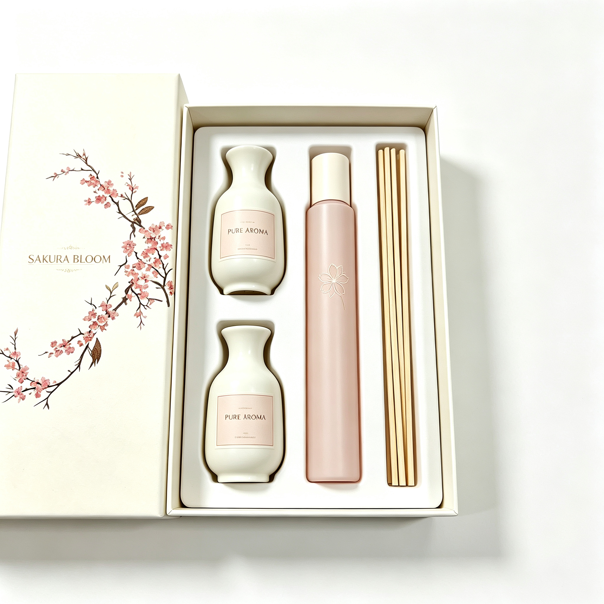 Lid and base rigid packaging box with sakura illustration and pre-shaped EVA insert holding aroma bottles, fragrance liquid and reed sticks